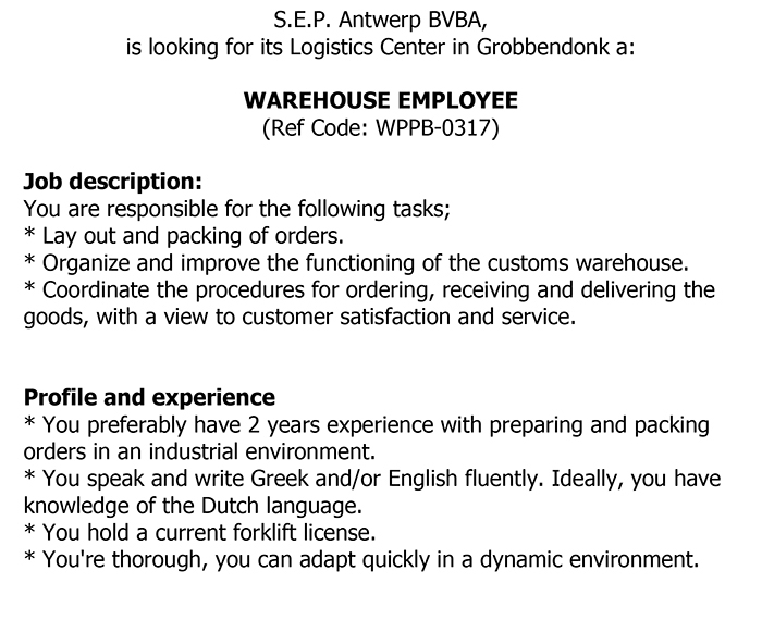 Microsoft Word - English ad for Belgium Warehouse Employee 02 20